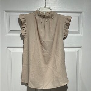 Zenana Outfitters Tan Sleeveless Ruffled Blouse